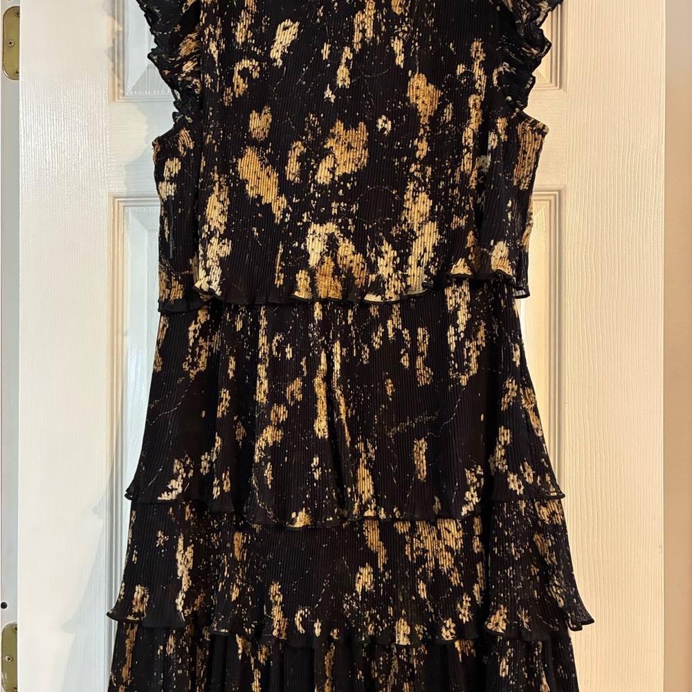 All Saints Antheia Tiered Pleated Black and Gold Layered Mini Dress NWOT